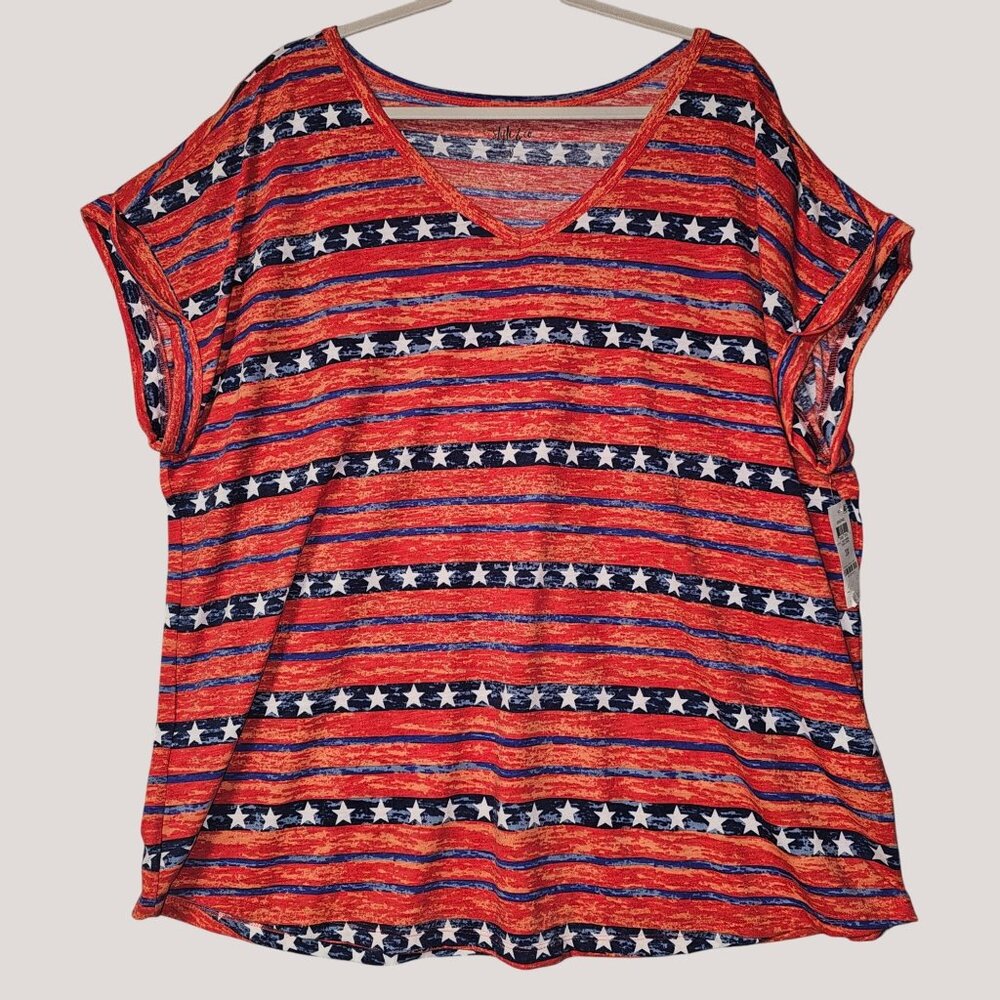Style & Co Women's Graphic Red Striped  Patriotic Tee Star Print Plus Size 3X